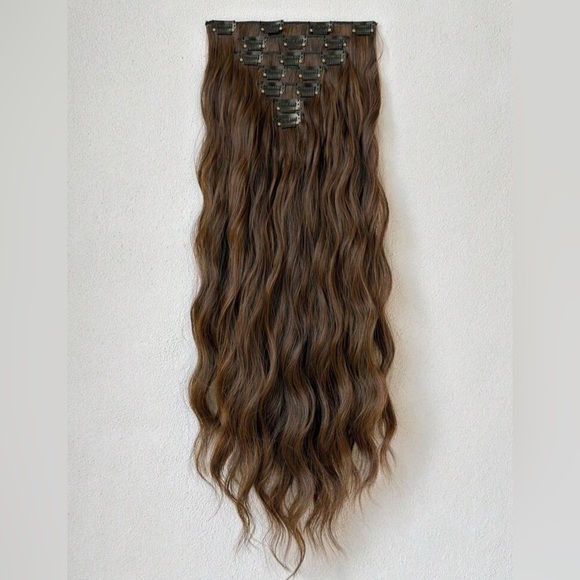 Human hair Blend Copper Brown 22 In Clip in  Hair Extensions - Picture 6 of 7